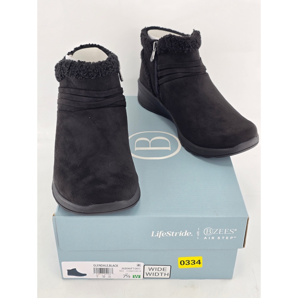 Bzees Glendale Ankle Boots Womens 7.5W Black Faux Suede Sherpa Trim - New